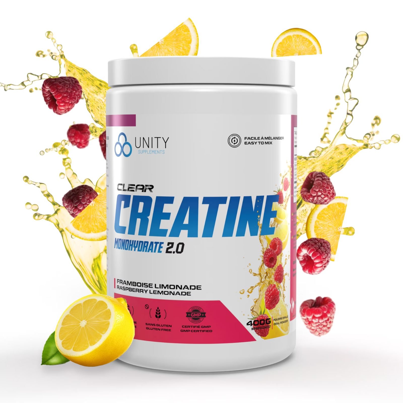 Unity Supplements Clear Creatine Monohydrate 2.0 – Framboise Limonade (400 g)