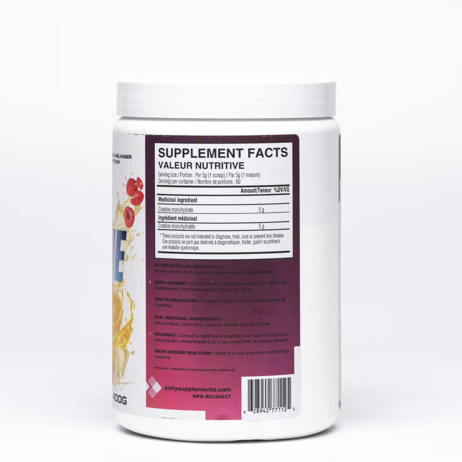 Unity Supplements Clear Creatine Monohydrate 2.0 – Framboise Limonade (400 g)